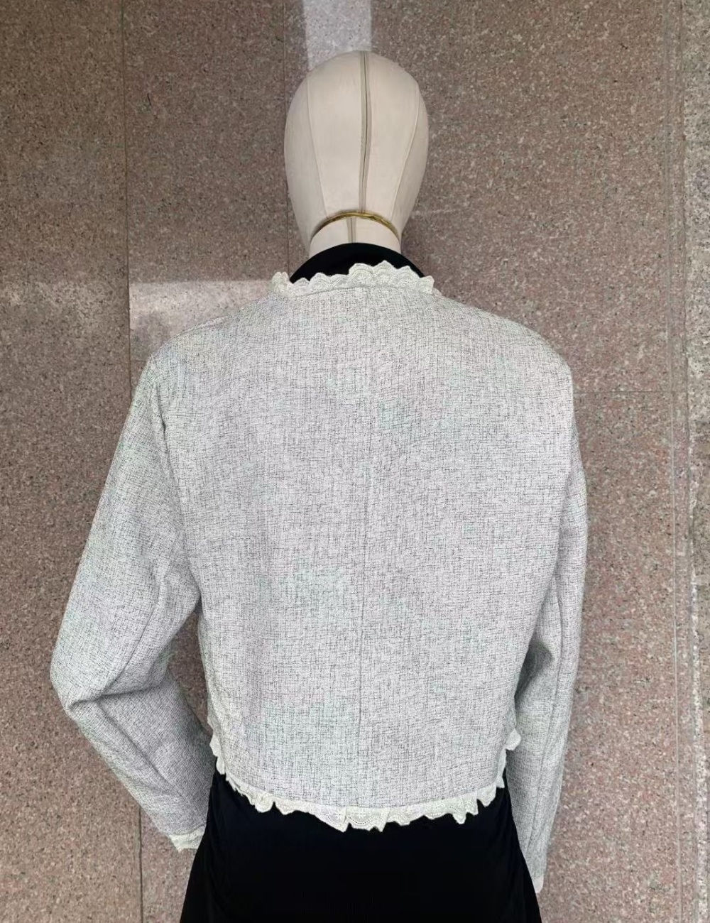 Camera round neck lace jacket splice unique slim tops