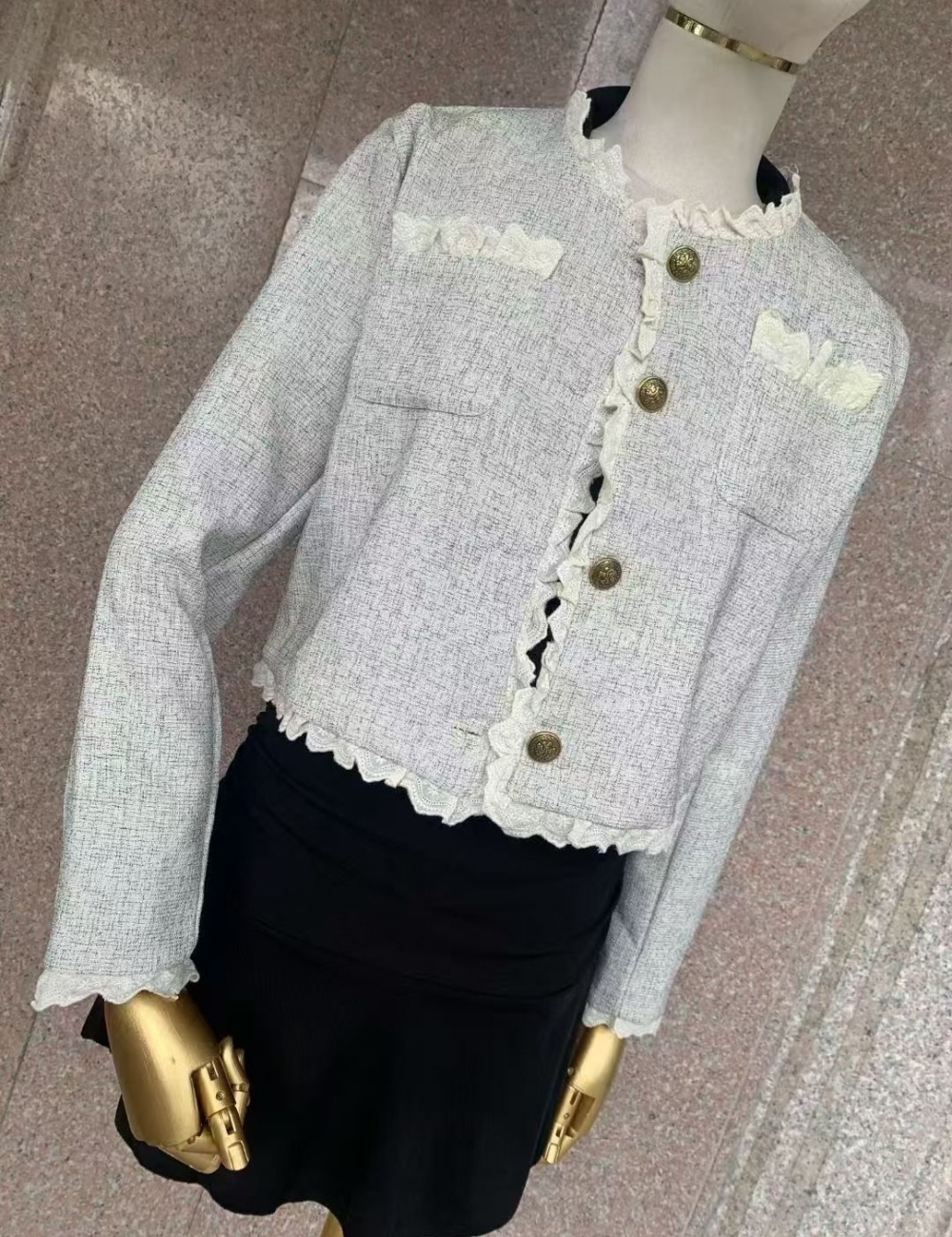 Camera round neck lace jacket splice unique slim tops