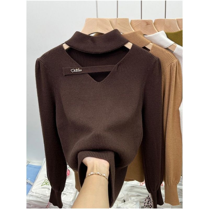 Niche half high collar tops pure long sleeve T-shirt for women