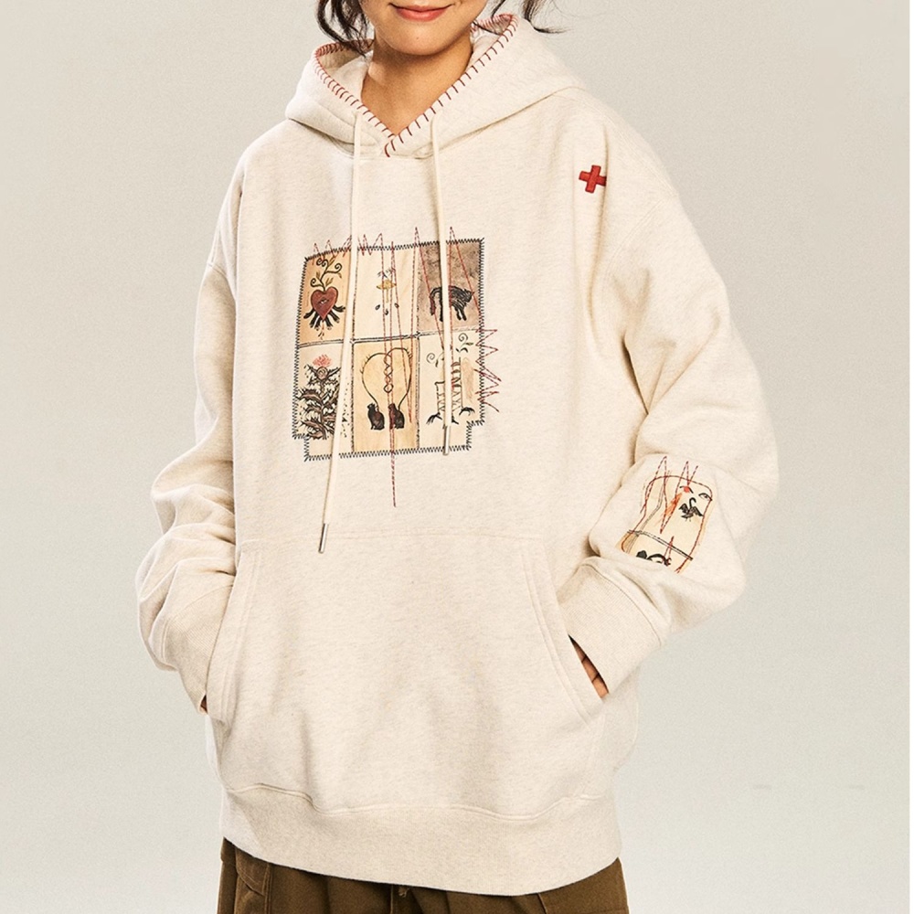 Patch cotton hooded embroidery plus velvet hoodie for women