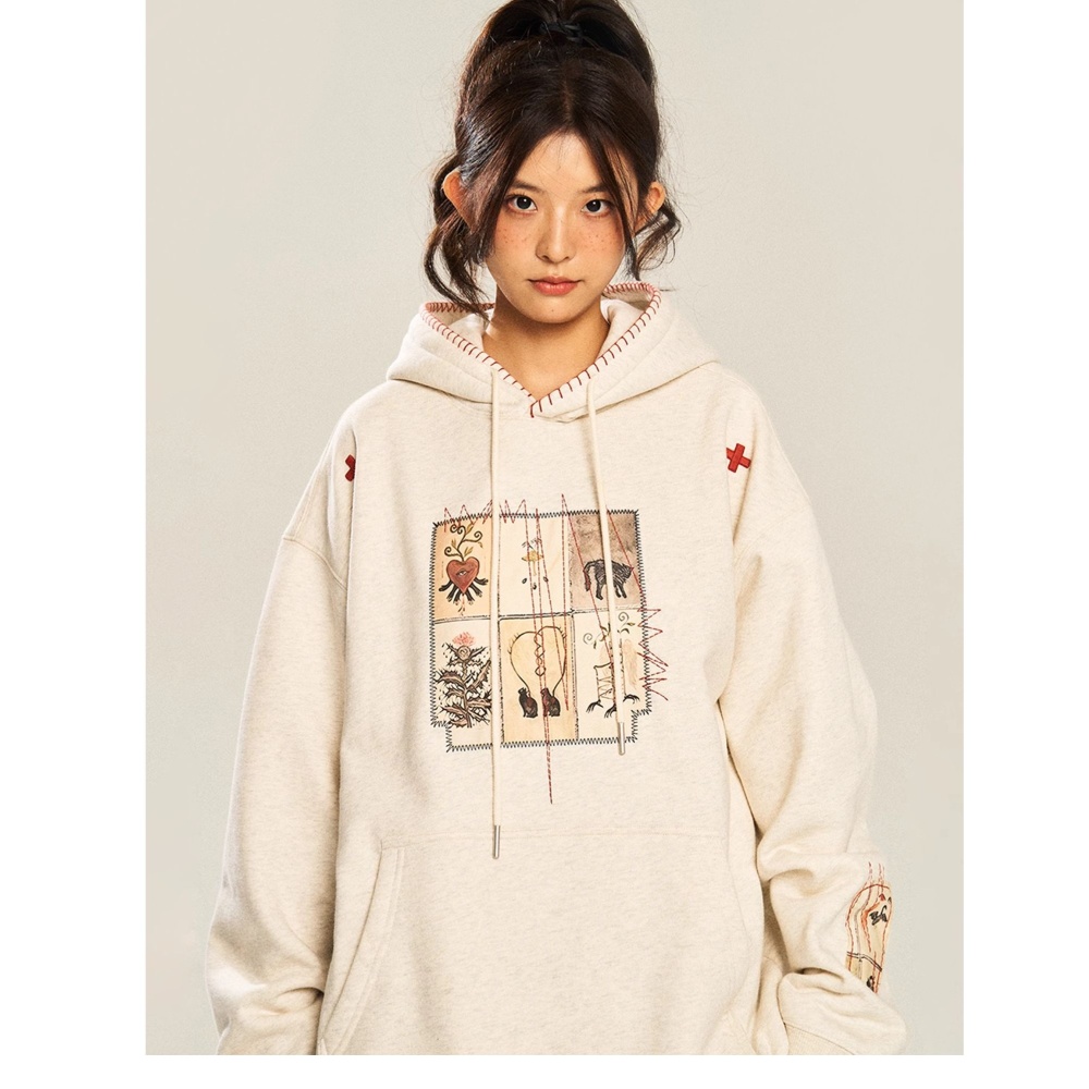 Patch cotton hooded embroidery plus velvet hoodie for women