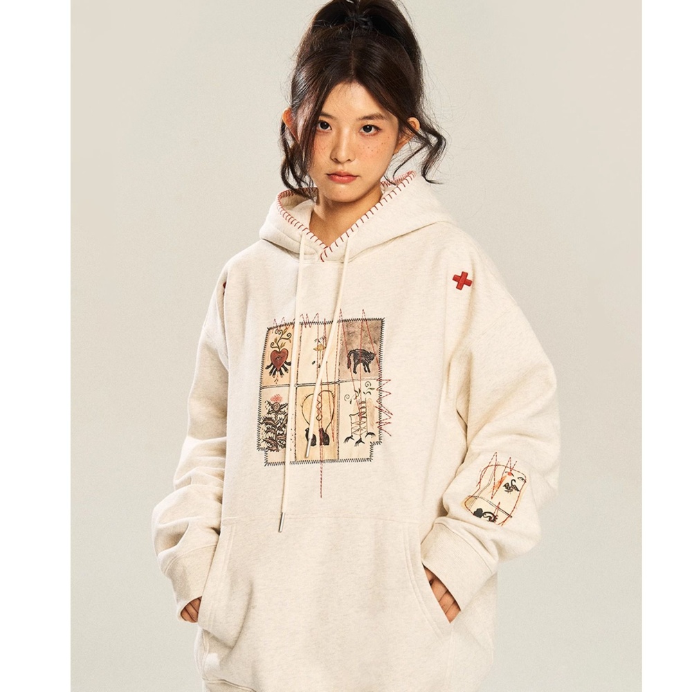 Patch cotton hooded embroidery plus velvet hoodie for women