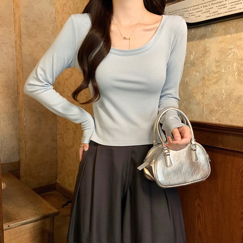 Slim fleece tops round neck T-shirt for women