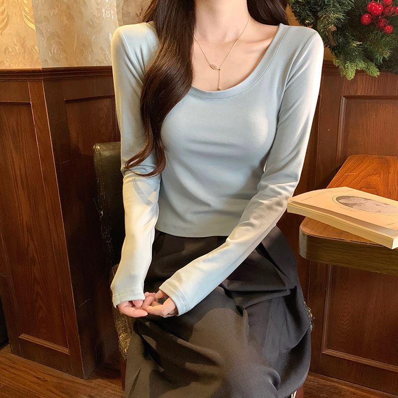 Slim fleece tops round neck T-shirt for women