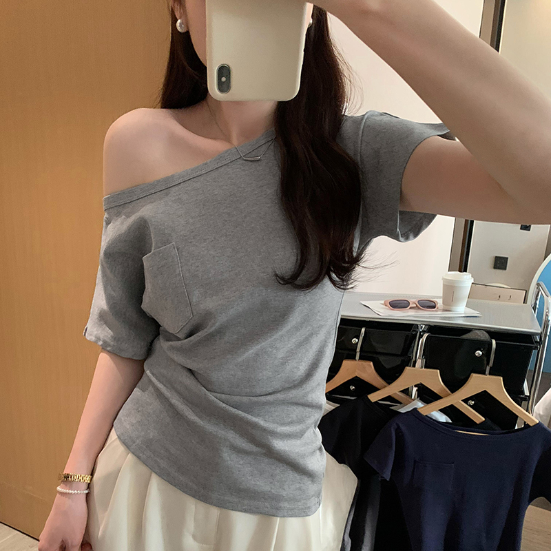 Summer strapless T-shirt pocket short sleeve tops for women