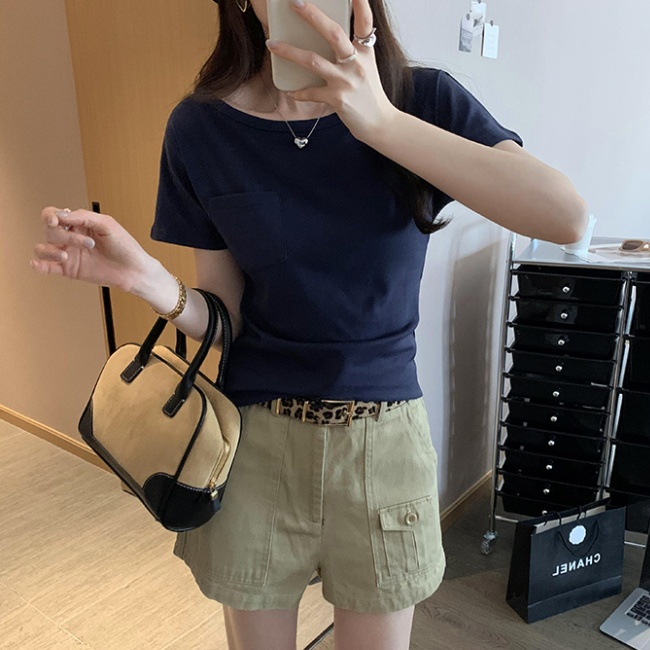 Summer strapless T-shirt pocket short sleeve tops for women