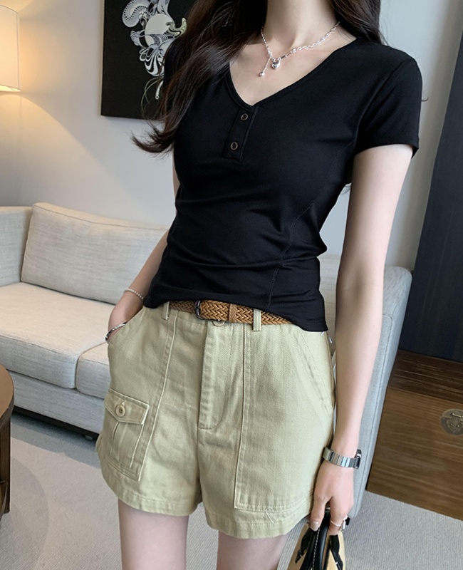 V-neck black buckle T-shirt summer unique tops for women