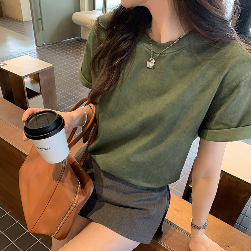 Niche short sleeve green T-shirt retro loose tops for women