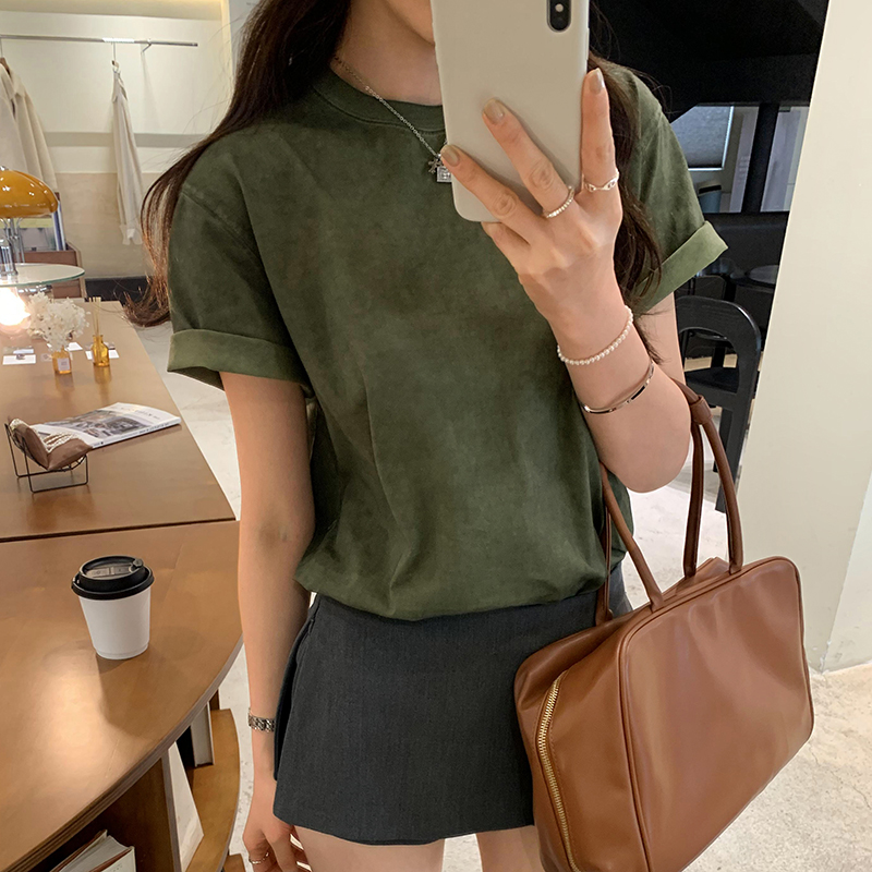 Niche short sleeve green T-shirt retro loose tops for women