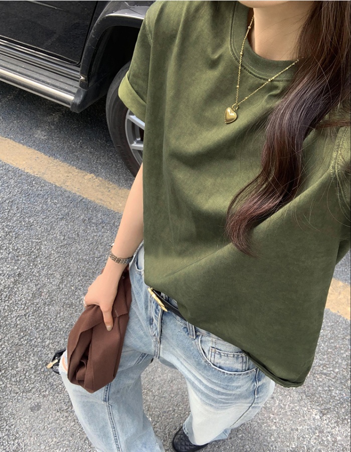 Niche short sleeve green T-shirt retro loose tops for women