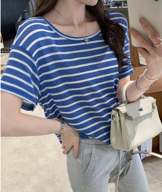 Stripe unique short sleeve T-shirt summer loose tops