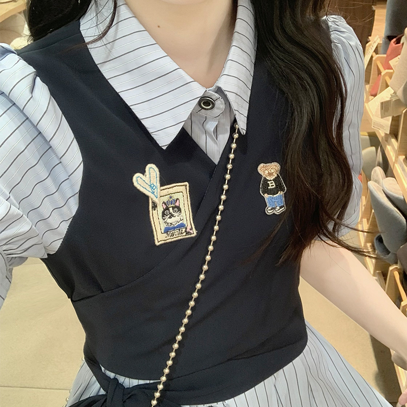 Pseudo-two stripe shirt college style dress for women