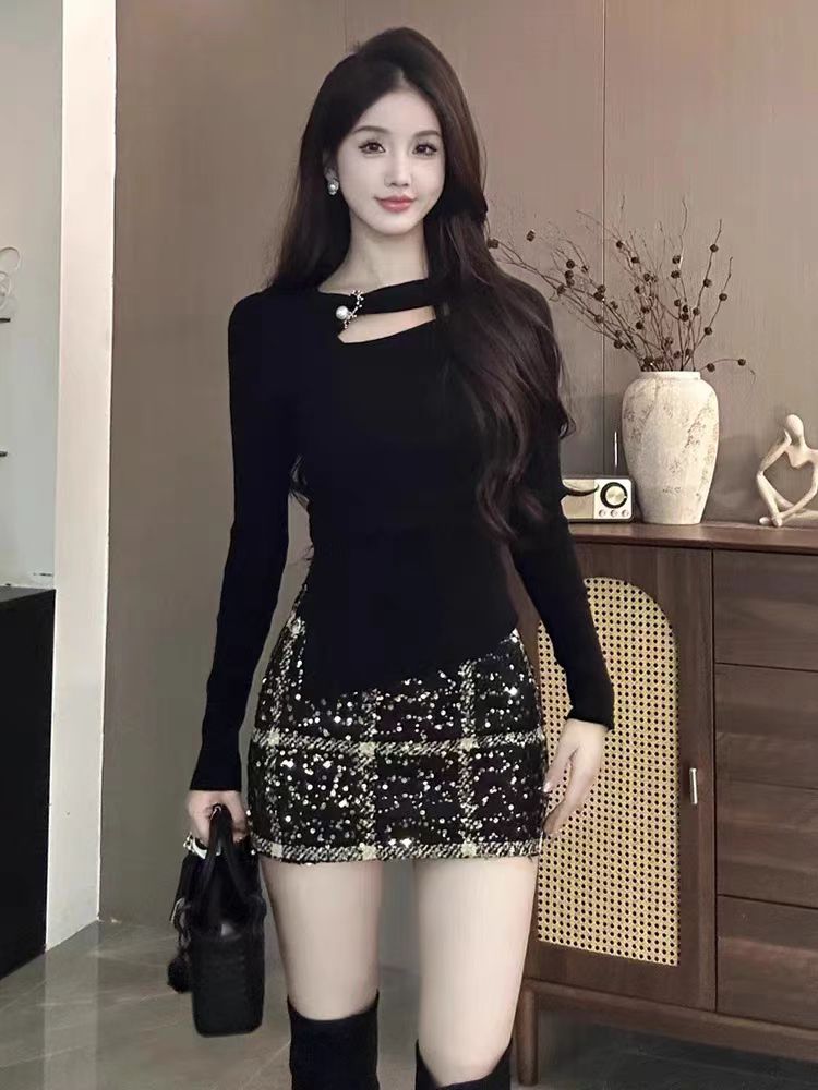 High waist slim skirt christmas sequins short skirt