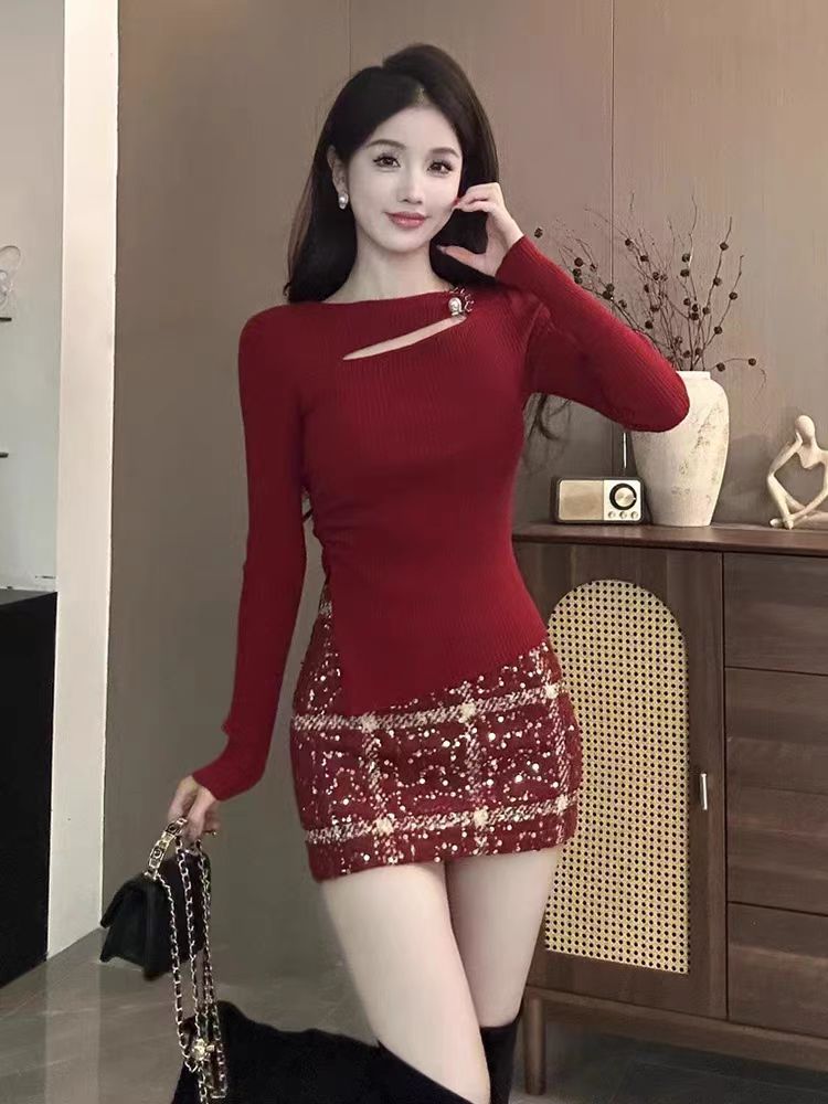 High waist slim skirt christmas sequins short skirt