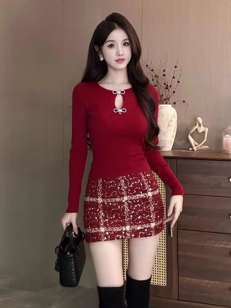 High waist slim skirt christmas sequins short skirt