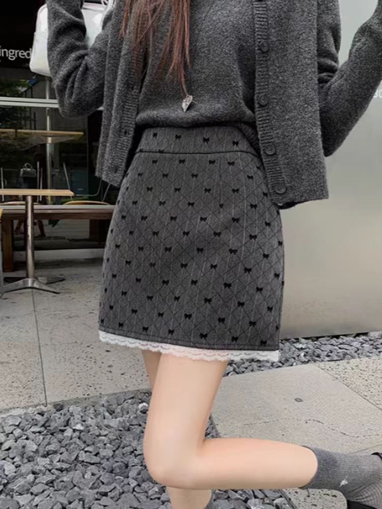 Autumn bow A-line lace slim high waist skirt