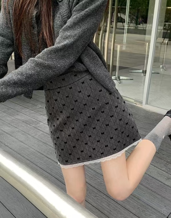 Autumn bow A-line lace slim high waist skirt