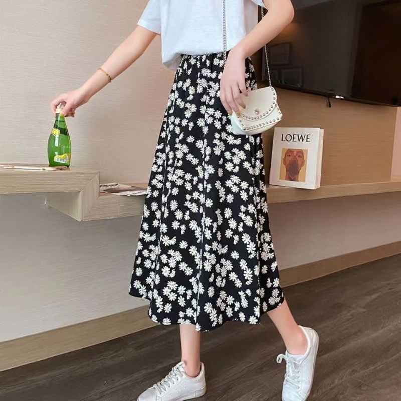 Black high waist long skirt spring and summer floral skirt