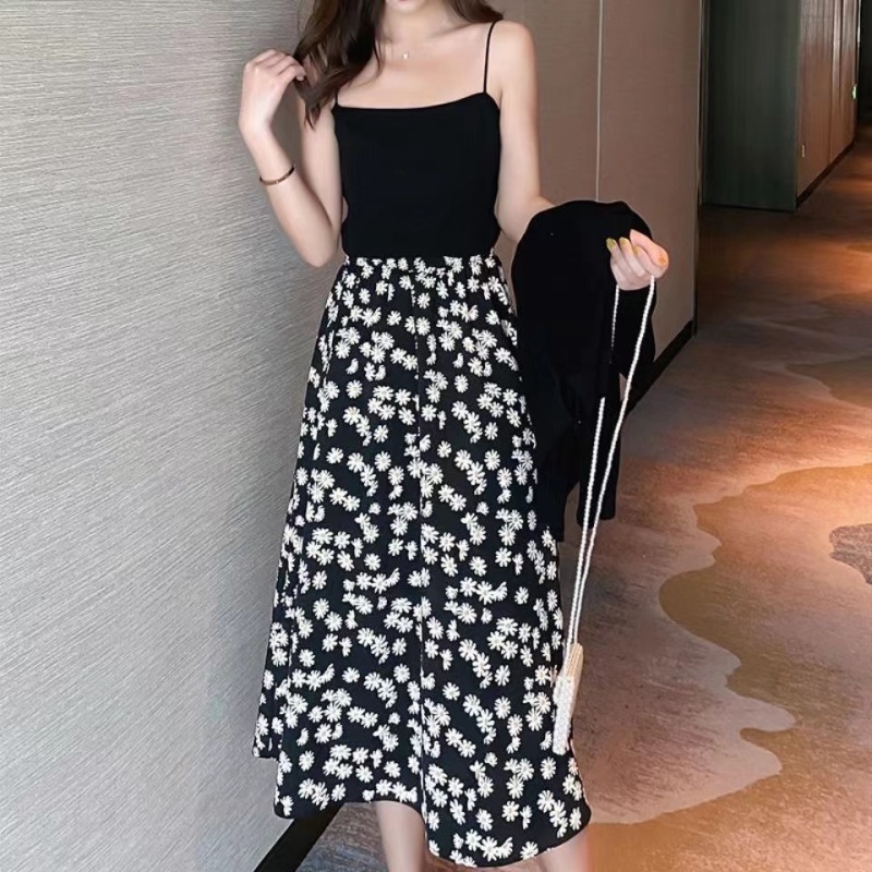 Black high waist long skirt spring and summer floral skirt