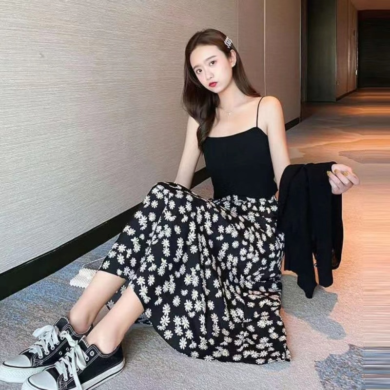 Black high waist long skirt spring and summer floral skirt