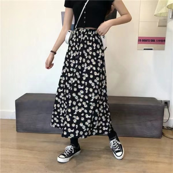 Black high waist long skirt spring and summer floral skirt