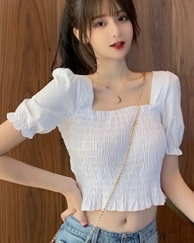 Puff sleeve short summer chiffon pinched waist shirt