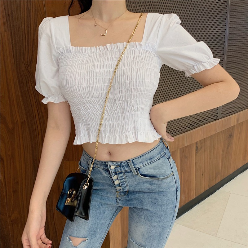 Puff sleeve short summer chiffon pinched waist shirt