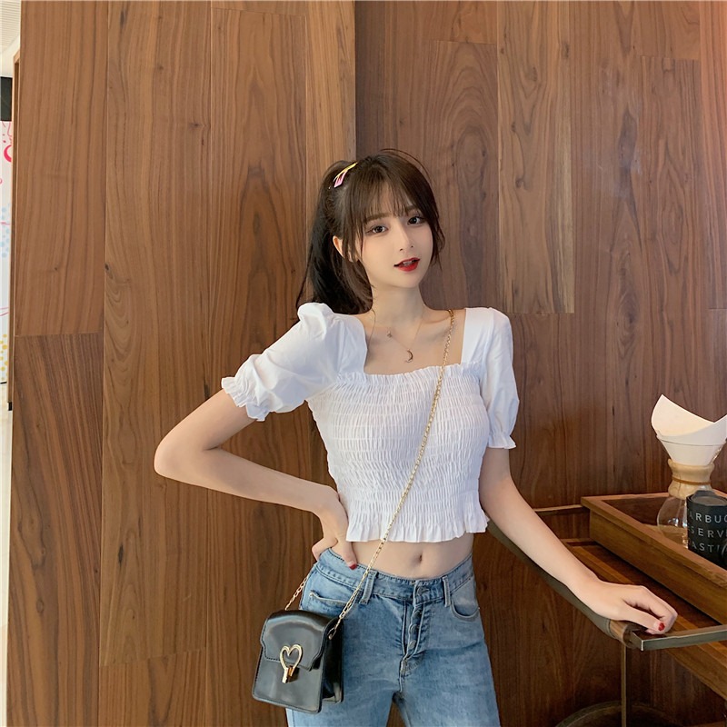 Puff sleeve short summer chiffon pinched waist shirt