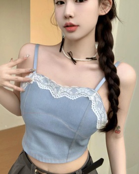 Denim sexy lace vest wrapped chest wears outside tops