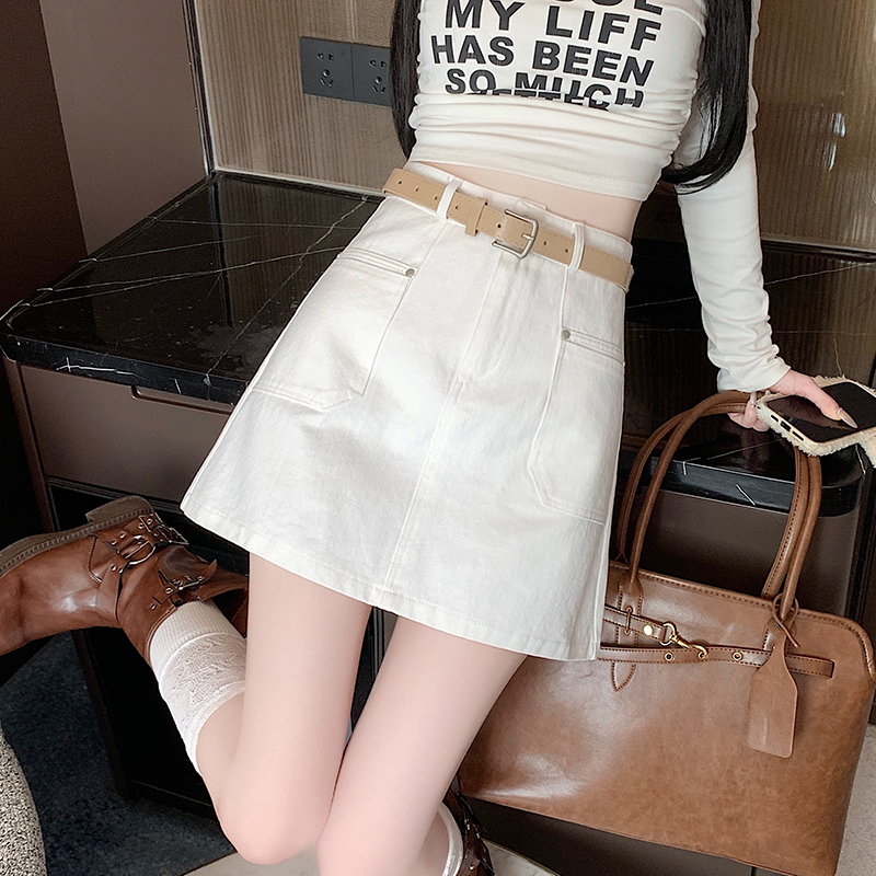 High waist cotton work clothing with belt short skirt