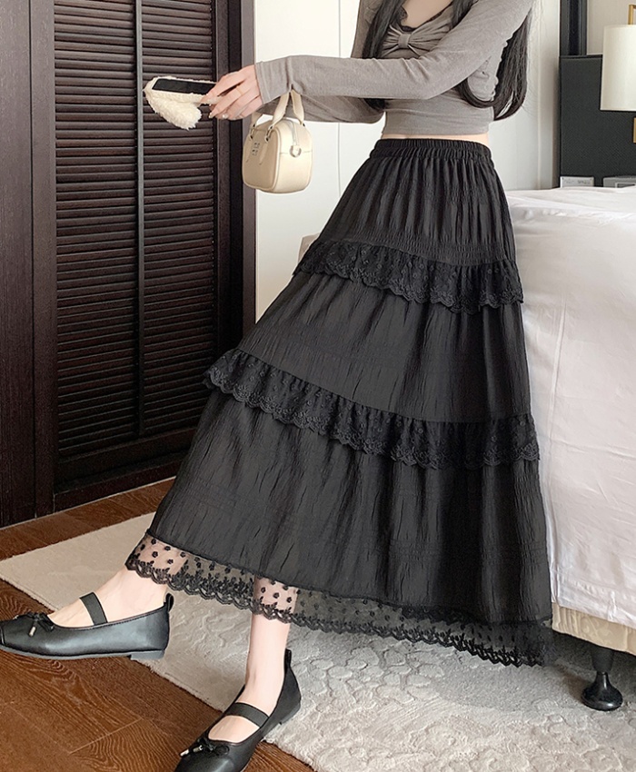 Long spring and summer lace white A-line cake skirt