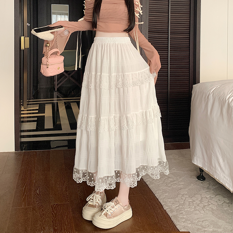 Long spring and summer lace white A-line cake skirt