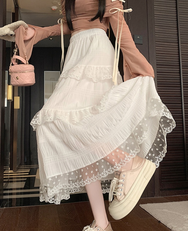 Long spring and summer lace white A-line cake skirt