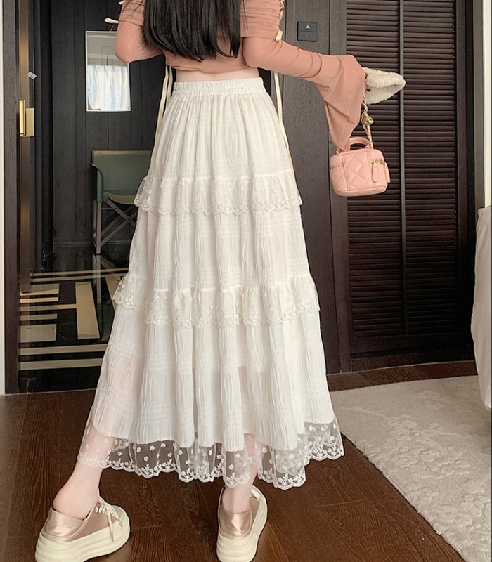 Long spring and summer lace white A-line cake skirt