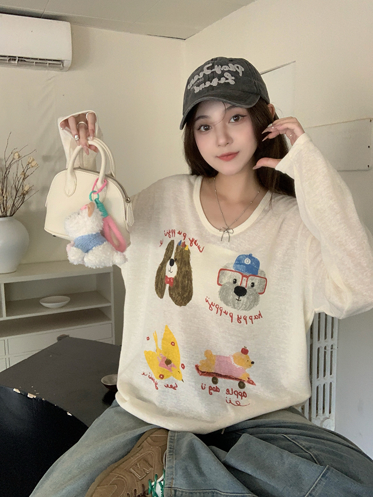 Lovely snowflake printing dog flax animal T-shirt for women