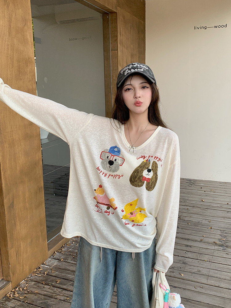 Lovely snowflake printing dog flax animal T-shirt for women