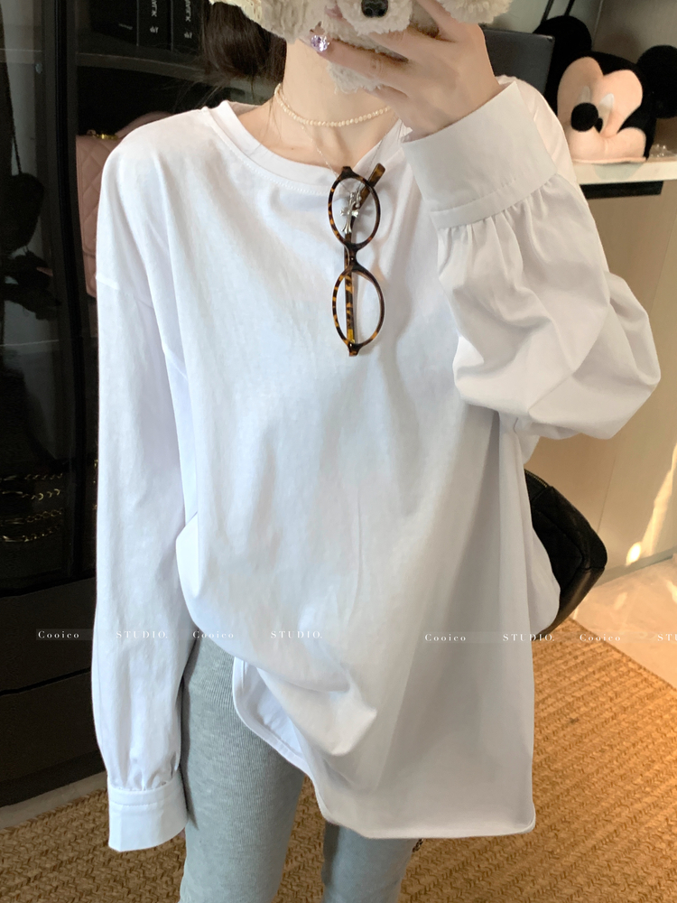 Split round neck long tops lazy white all-match T-shirt