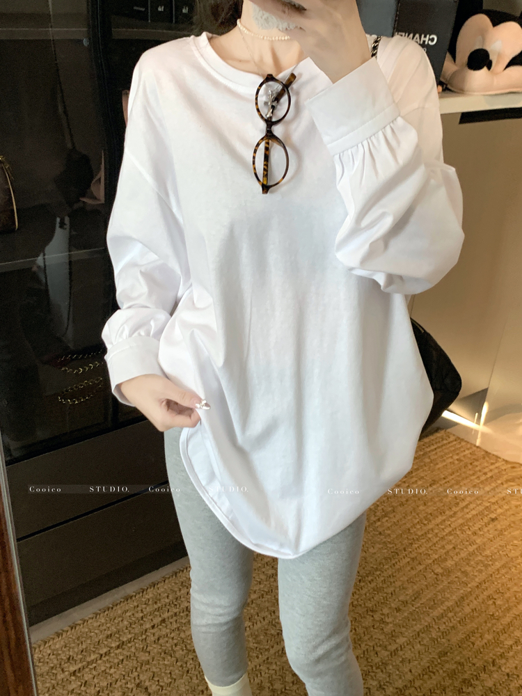 Split round neck long tops lazy white all-match T-shirt