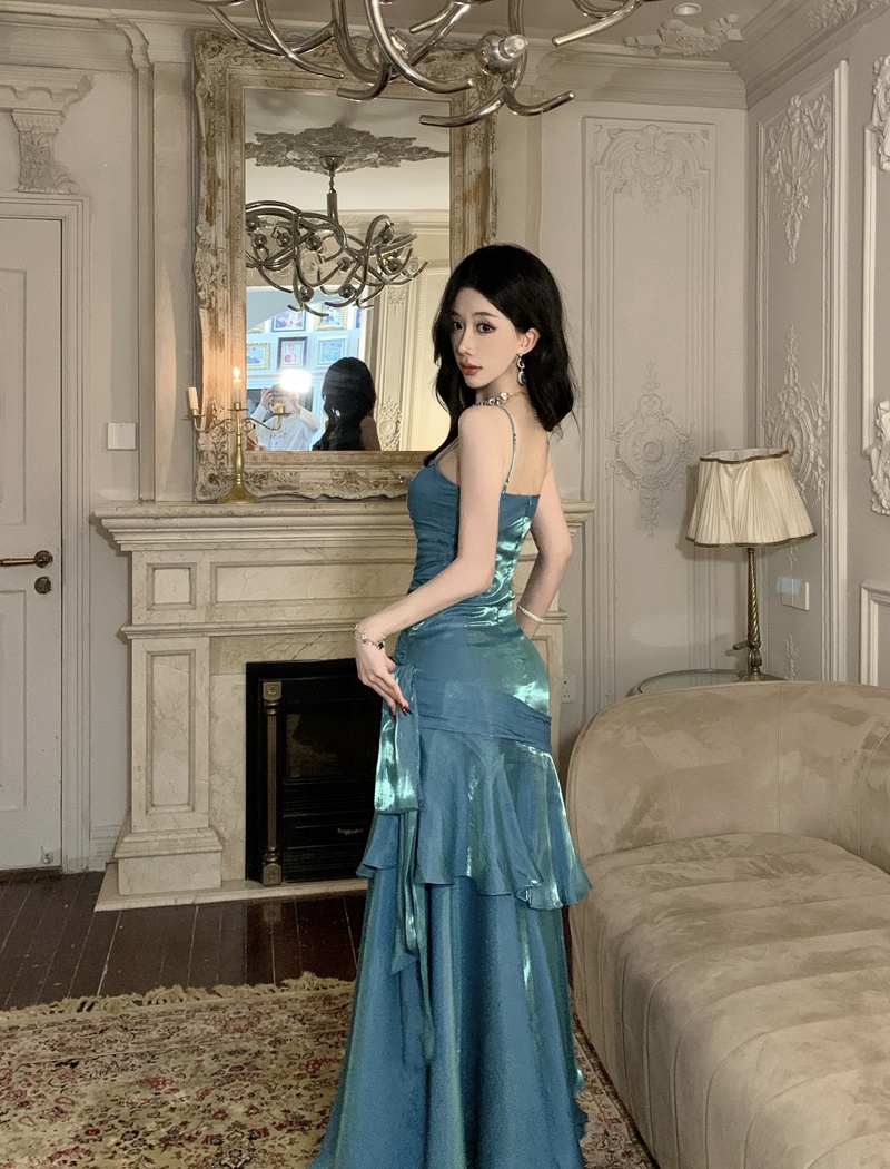 Chest pad blue formal dress adult long dress