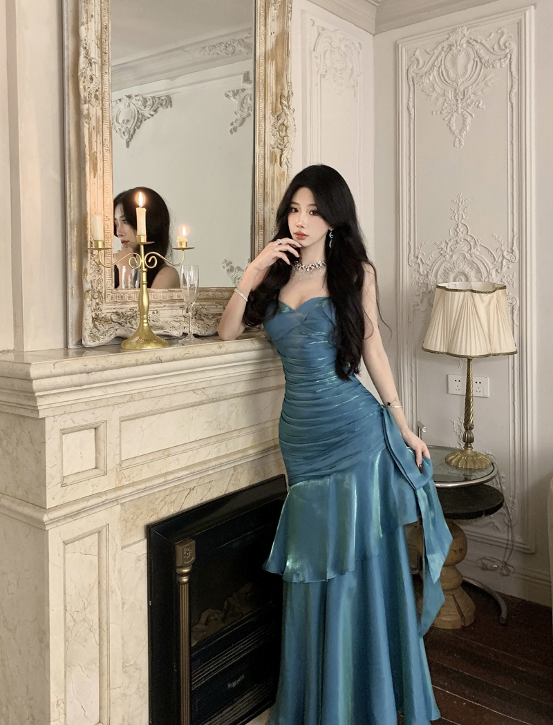 Chest pad blue formal dress adult long dress