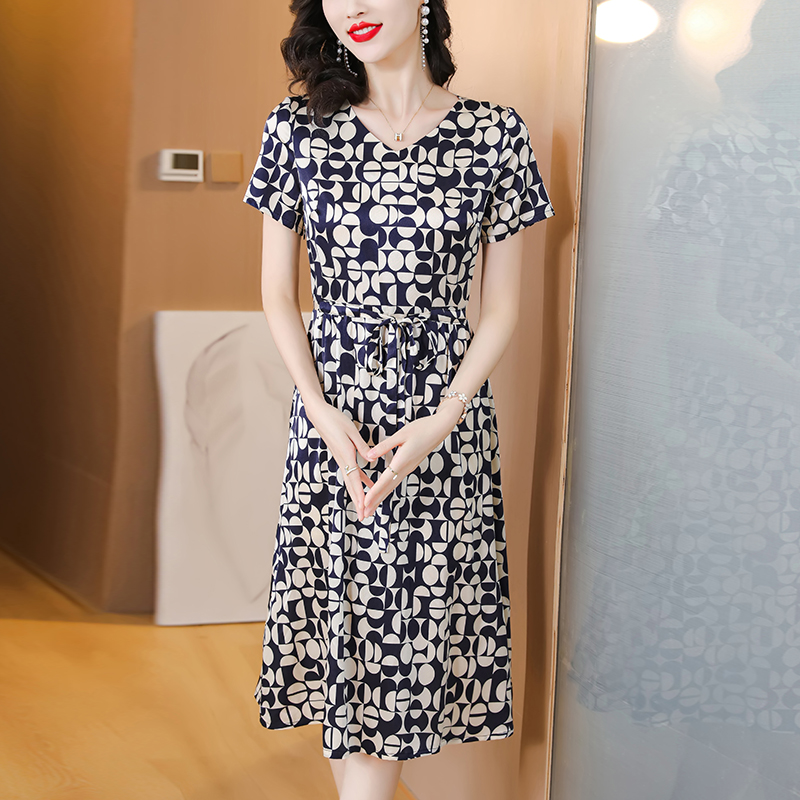 Pinched waist silk dress printing slim long dress for women