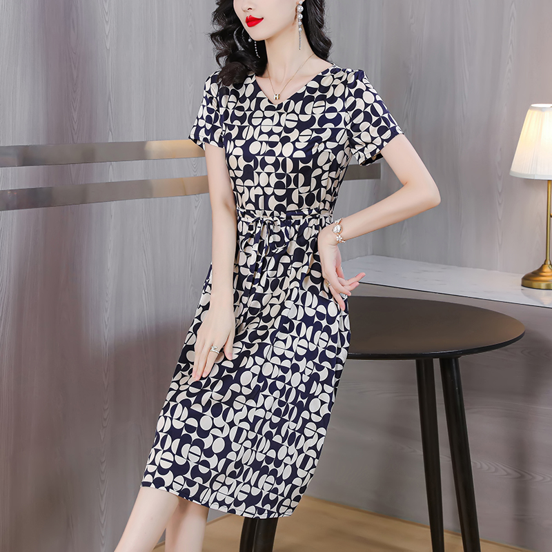 Pinched waist silk dress printing slim long dress for women