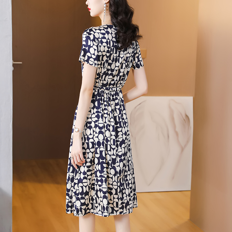 Pinched waist silk dress printing slim long dress for women