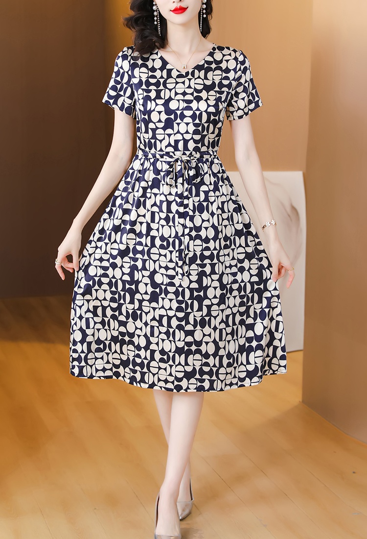 Pinched waist silk dress printing slim long dress for women