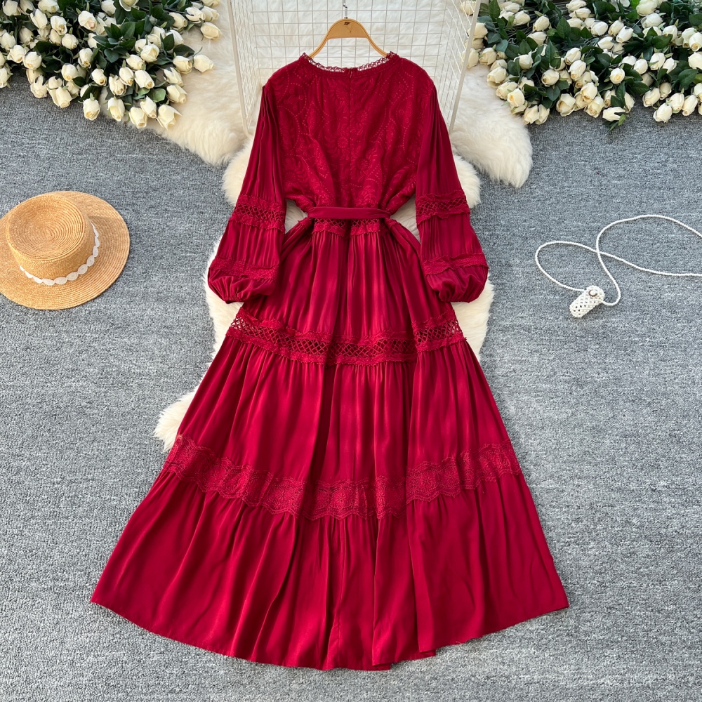 Lace single-breasted long dress France style splice dress for women