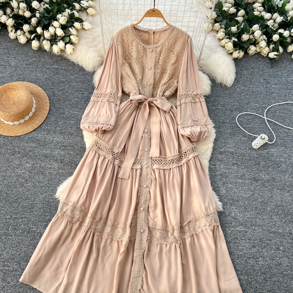 Lace single-breasted long dress France style splice dress for women