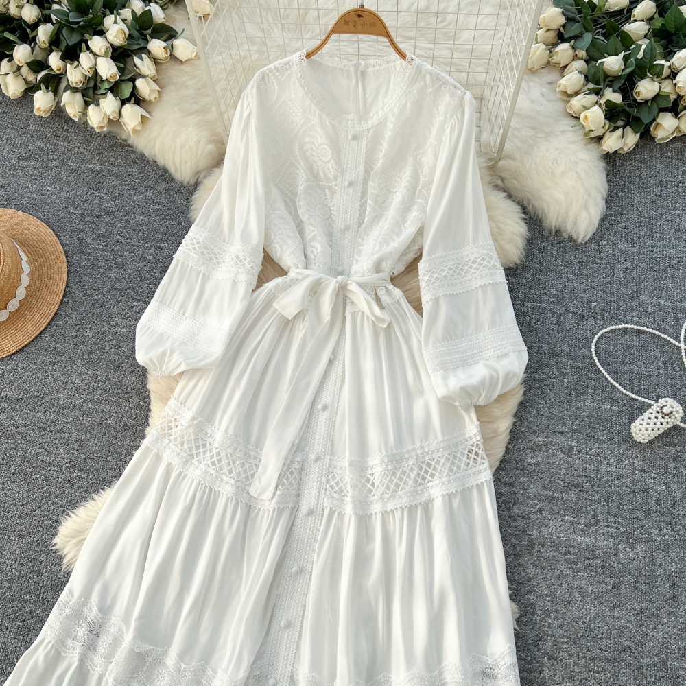 Lace single-breasted long dress France style splice dress for women