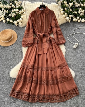 Retro big skirt pinched waist long dress lace slim dress