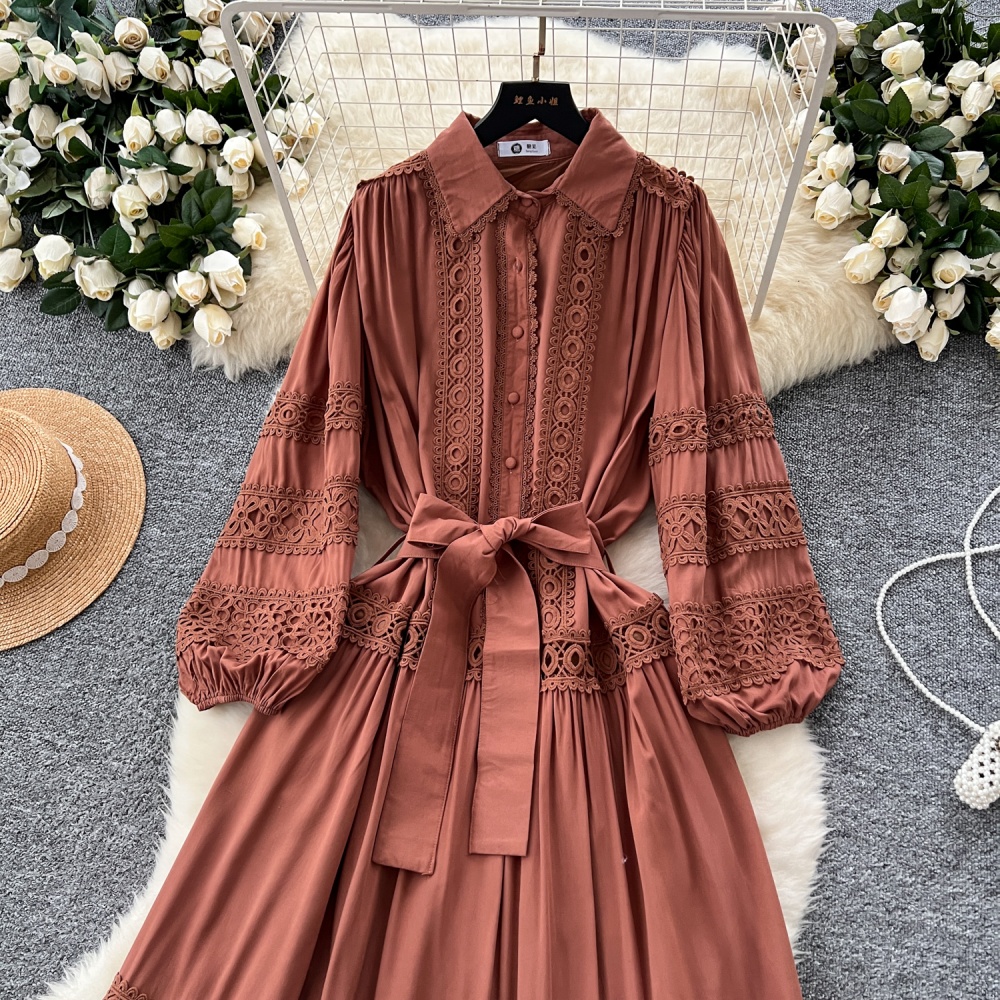 Retro big skirt pinched waist long dress lace slim dress