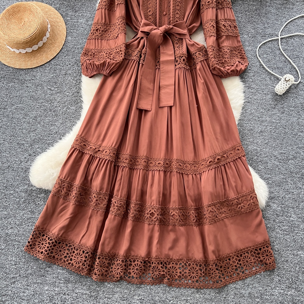 Retro big skirt pinched waist long dress lace slim dress